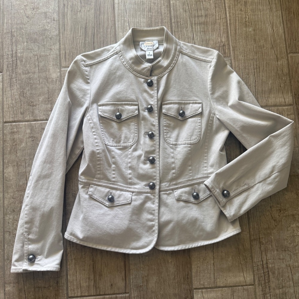 Talbots Petites Tan Military Utility Jacket Button Front Mock Neck Khaki Size 6P